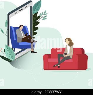 Psychotherapy online, helpline depression, conversation consulting and psychological help. Mental wellness, online helpline by psychologist, vector il Stock Vector