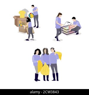 Volunteers collect needed things to give children and beggars. Vector assistance and care, social charity, help volunteering community, support and do Stock Vector