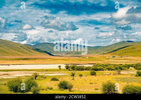 The vast grassland in Ruoergai Grassland, in the north part of Sichuan province, in China. Stock Photo