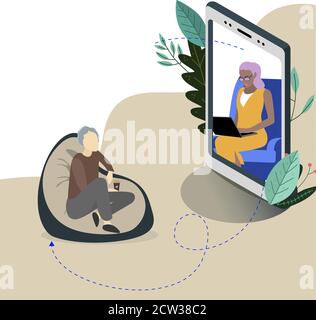 Online psychologist assistant service, vector support therapy and consultation, mental counseling psychotherapy, patient remote illustration Stock Vector