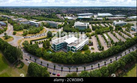 Reading, United Kingdom - June 07 2020:  An aerial photgograph of The Oracle  IT Company buildings on Thames Valley Park Drive Stock Photo