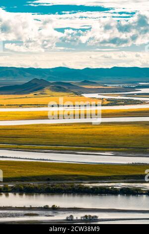 The yellow river winding up in Ruoergai Grassland, the north part of Sichuan Province, China. Stock Photo