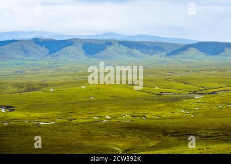 The vast grassland in Ruoergai Grassland, in the north part of Sichuan province, in China. Stock Photo