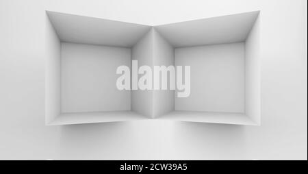 Abstract white cgi background with an empty shelf installation. 3d rendering illustration Stock Photo