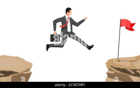 Businessman jumps to goal through abyss. Business man in suit with briefcase jump between gap. Obstacle on road, financial crisis. Risk management challenge. Flat vector illustration Stock Vector