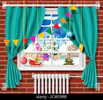Winter window with curtains, view from the room. Tree and candle on the sill. Warm cozy interior. Christmas landscape, hills, snow, village, forest, falling snow. Cartoon flat vector illustration. Stock Vector
