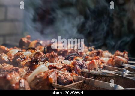 Pork Shish Kebab Cooked On A Brazier Strung On A Skewer, Top View Stock Photo