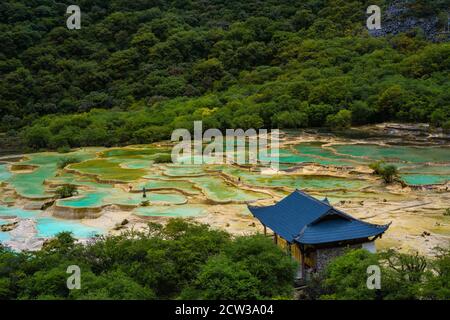 The turquoise color pools in Huanglong Valley, in Sichuan province, China. Stock Photo