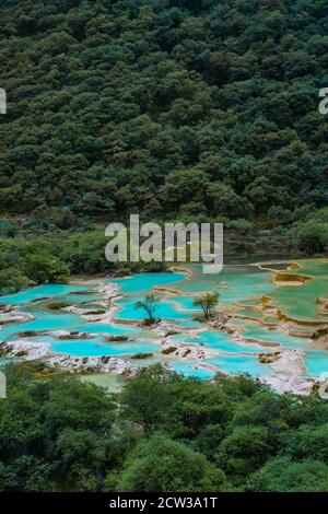 The turquoise color pools in Huanglong Valley, in Sichuan province, China. Stock Photo