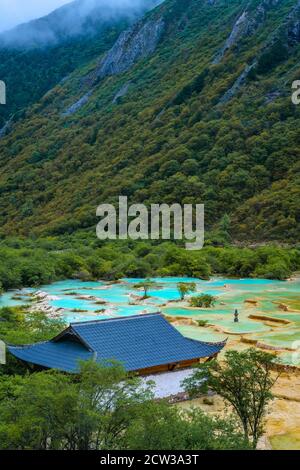 The turquoise color pools in Huanglong Valley, in Sichuan province, China. Stock Photo