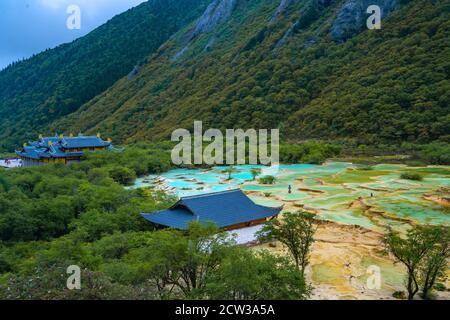 The turquoise color pools in Huanglong Valley, in Sichuan province, China. Stock Photo