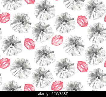 Lips and Mallow flowers seamless pattern on white background. Vector illustration Stock Vector