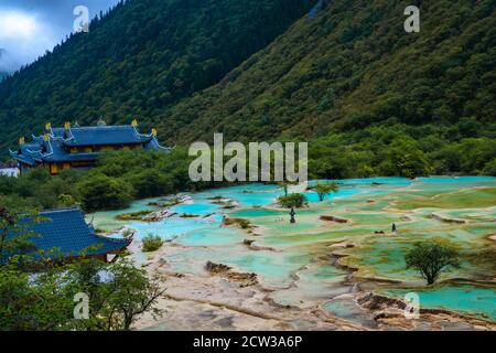 The turquoise color pools in Huanglong Valley, in Sichuan province, China. Stock Photo