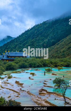 The colorful pools in Huanglong Valley, in Sichuan province, China. Stock Photo