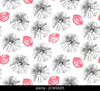 Lips and Mallow flowers seamless pattern on white background. Vector illustration. Stock Vector