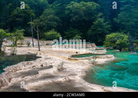 The turquoise color pools in Huanglong Valley, in Sichuan province, China. Stock Photo