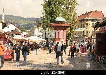 Sarajevo’s Old Bazaar Baščaršija is city’s historical and cultural center is built in the 15th century. The name is Turkish and means 'main market'. Stock Photo