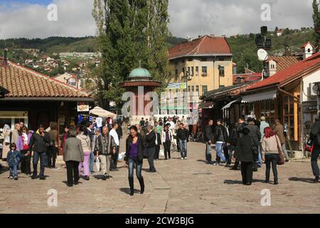 Sarajevo’s Old Bazaar Baščaršija is city’s historical and cultural center is built in the 15th century. The name is Turkish and means 'main market'. Stock Photo