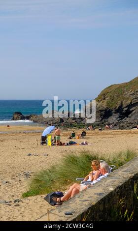 Poldhu cove, a sandy beach on the Lizard Peninsula near Mullion, cornwall, UK. Stock Photo