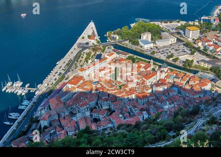 Old historic town of Kotor, Montenegro. Aerial view of streets and roofs. Stock Photo