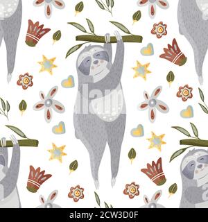 Cute sloth holding on to a branch. cartoon vector seamless pattern in a flat style. Slow lazy animal nature kid print on a white background. Stock Vector