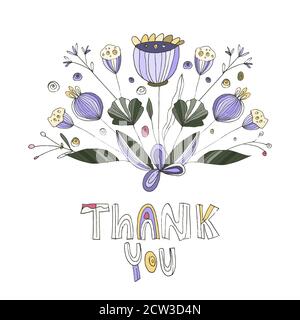 Thank you. Hand drawn lettering doodle card with floral decoration. Beautiful bouquet summer composition with a phrase. Inspirational quote for female, women gift. Flower vector illustration. Stock Vector