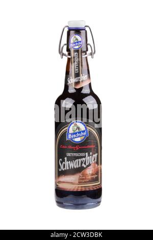 Guilin China March 29, 2020 A bottle of Monchshof Schwarzbier. A dark beer imported from Kulmbach Germany, isolated on white background Stock Photo