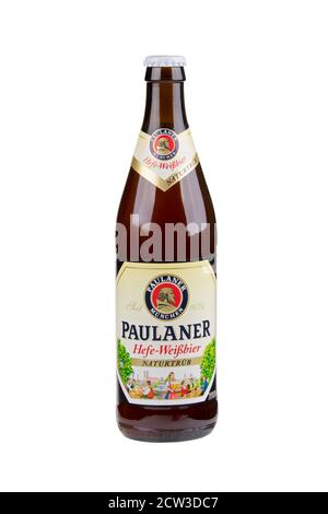 Guilin China March 29, 2020 A bottle of Paulaner Hefe-Weissbier Naturtrub imported from Germany. Isolated on a white Background Stock Photo