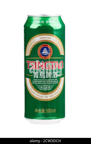 Guilin China March 31, 2020 Tsingtao is a very popular Pale Lager beer made in Qingdao China.  Isolated on white background. Stock Photo