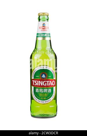 Guilin China April 1, 2020, Tsingtao is a very popular Pale Lager beer made in Qingdao China.  Isolated on white background. Stock Photo