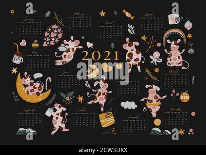 Cartoon cow wall calendar template. Chinese New Year 2021, Christmas office and home banner for diary and a4, a5, a3 paper. Planner vector illustration. Stock Vector