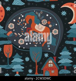 Nordic horse seamless vector pattern. Hand drawn cute cartoon dreamy illustration on a dark background with flower and magic animals. Tradition floral scandinavian art. Nursery, fairytale wallpaper. Stock Vector