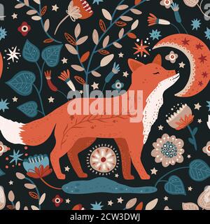 Nordic scandinavian fox seamless vector pattern. Hand drawn cute cartoon whismical forest animal with flowers and moon illustration on a dark background. Stock Vector