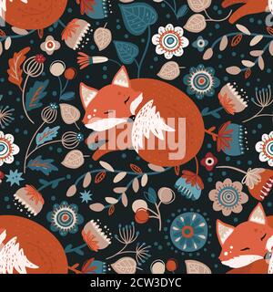 Nordic scandinavian fox seamless vector pattern. Hand drawn cute cartoon whismical forest dream animal and flower illustration on a dark background. Stock Vector