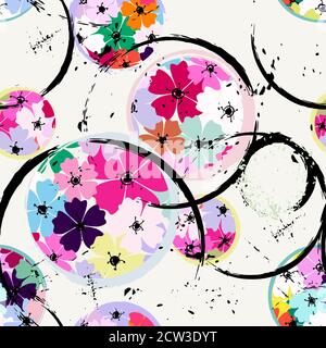 abstract floral background pattern, with circles, strokes and splashes, seamless Stock Vector