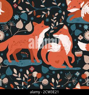 Nordic scandinavian fox seamless vector pattern. Hand drawn cute cartoon whismical forest animal illustration on a dark background. Stock Vector
