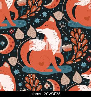 Nordic scandinavian fox seamless vector pattern. Hand drawn cute cartoon whismical forest animal ornate illustration on a dark background. Autumn wallpaper. Stock Vector