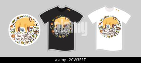 Vector t shirt design vector template for kids and adults on white and black. Cute woodland pig cartoon detailed illustration. Hand drawn ornate forest animal print. Fynny text - I feel pretty, oh so pretty. Stock Vector