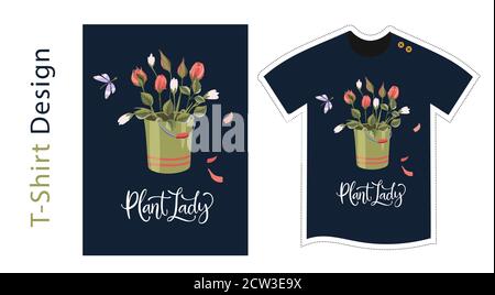 Vector t shirt design vector template for kids and adults. Cute rose detailed illustration. Textile graphic tee hand drawn lettering print - Plant lady. Floral textile graphic illustration. Stock Vector
