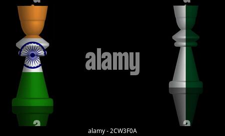 3D Illustration of a Conflict Concept between India and Pakistan with flags painted on chess pieces. 3D rendering Stock Photo