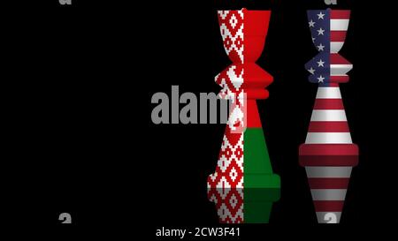3D Illustration of a Conflict Concept between Belarus and the United States with flags painted on chess pieces. 3D rendering Stock Photo