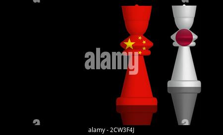 3D Illustration of a Conflict Concept between China and Japan with flags painted on chess pieces. 3D rendering Stock Photo