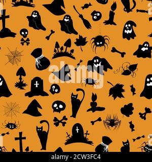 Vector seamless pattern with Halloween objects and creatures, in orange and black colors. Stock Vector