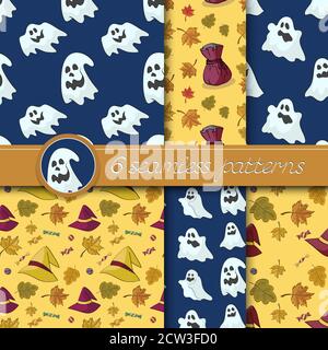 Vector set of six Halloween seamless patterns, in blue and yellow colors. Stock Vector