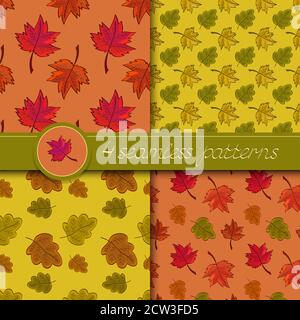 Vector set of four seamless patterns with colored autumn leaves, in bright colors. Stock Vector