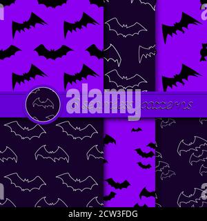 Vector set of six Halloween seamless patterns with bats, in lilac and black colors. Stock Vector