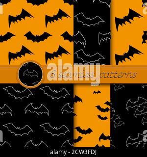 Vector set of six Halloween seamless patterns with bats, in black and orange colors. Stock Vector