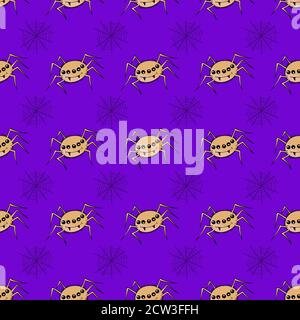 Halloween seamless pattern with spiders. In blue and beige colors. Vector. Stock Vector