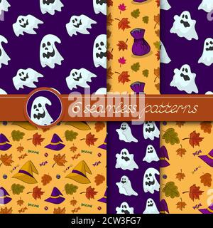 Vector set of six Halloween seamless patterns, in purple and orange colors. Stock Vector