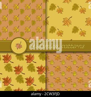 Vector set of four seamless patterns with colored autumn leaves, in soft colors. Stock Vector